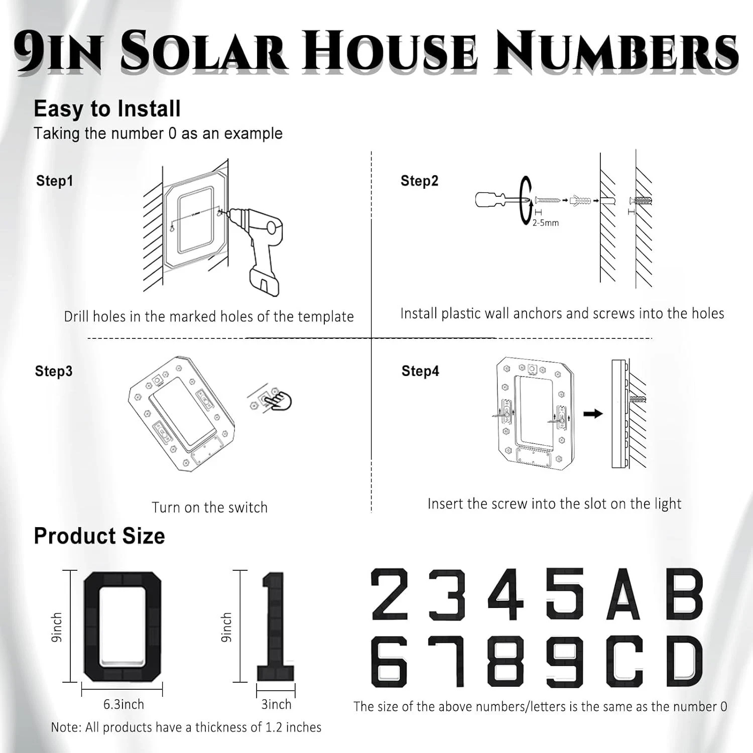 9 Inch Solar Lighted House Numbers for Outside, Light Up Waterproof LED