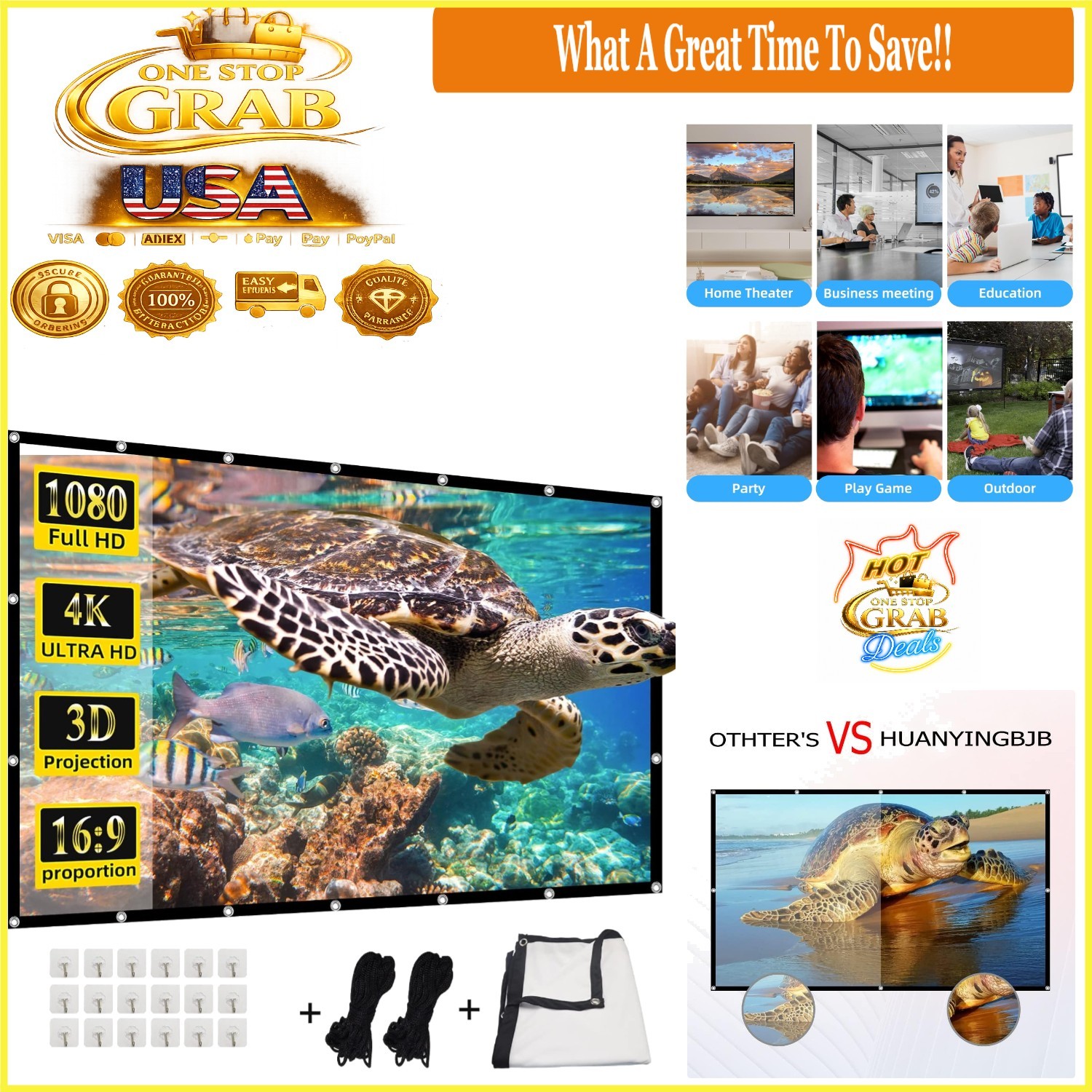 200 Inch Portable 4K HD Projector Screen 16:9 Indoor Outdoor Foldable