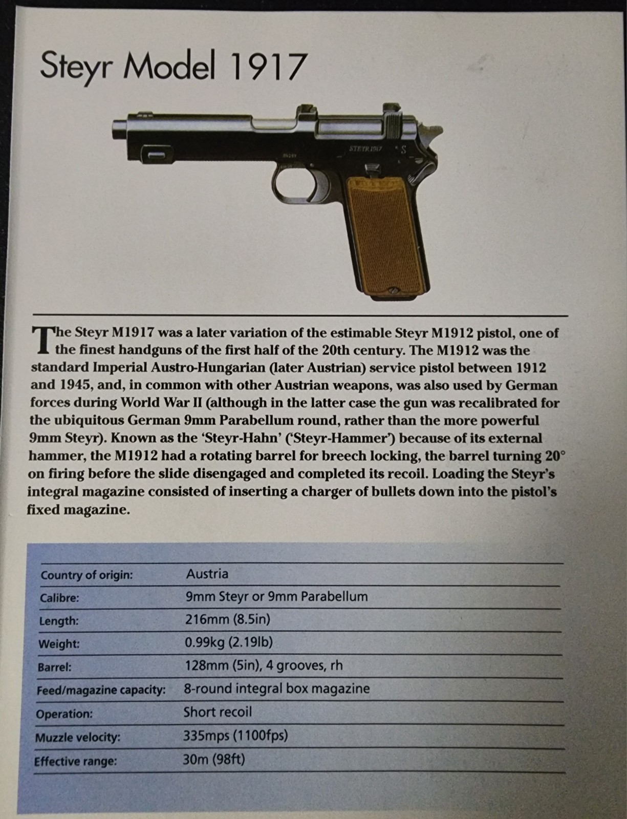 Steyr Pistol Gun Picture Firearm Out of Print Details Info Sheet Article