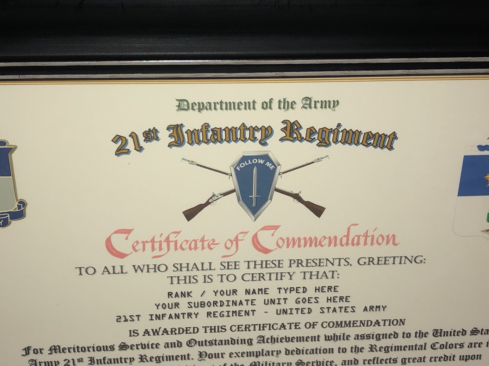21ST INFANTRY REGIMENT / COMMEMORATIVE - CERTIFICATE OF COMMENDATION
