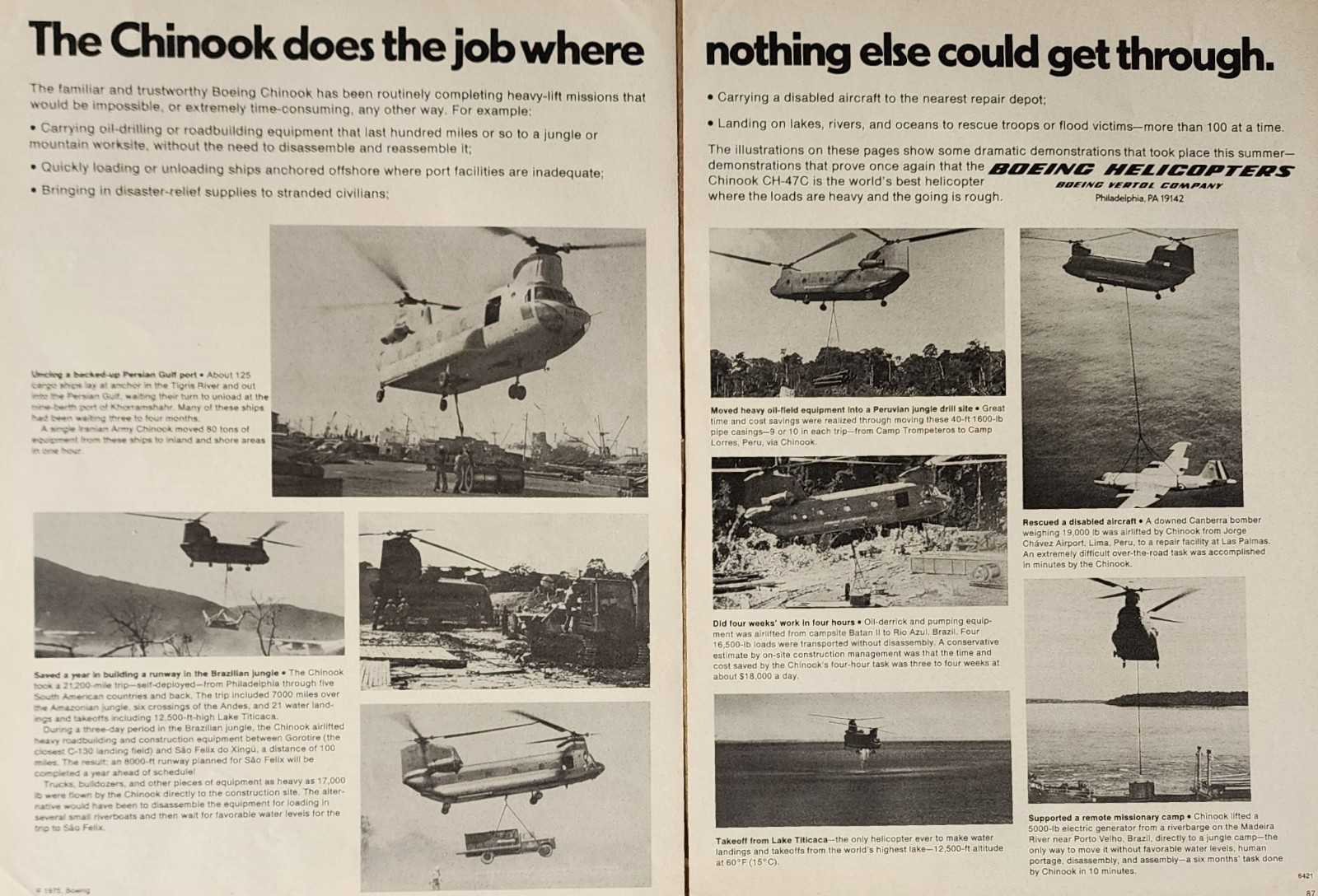 Boeing Chinook Helicopter Picture Magazine Ad Original Vtg Wall Art