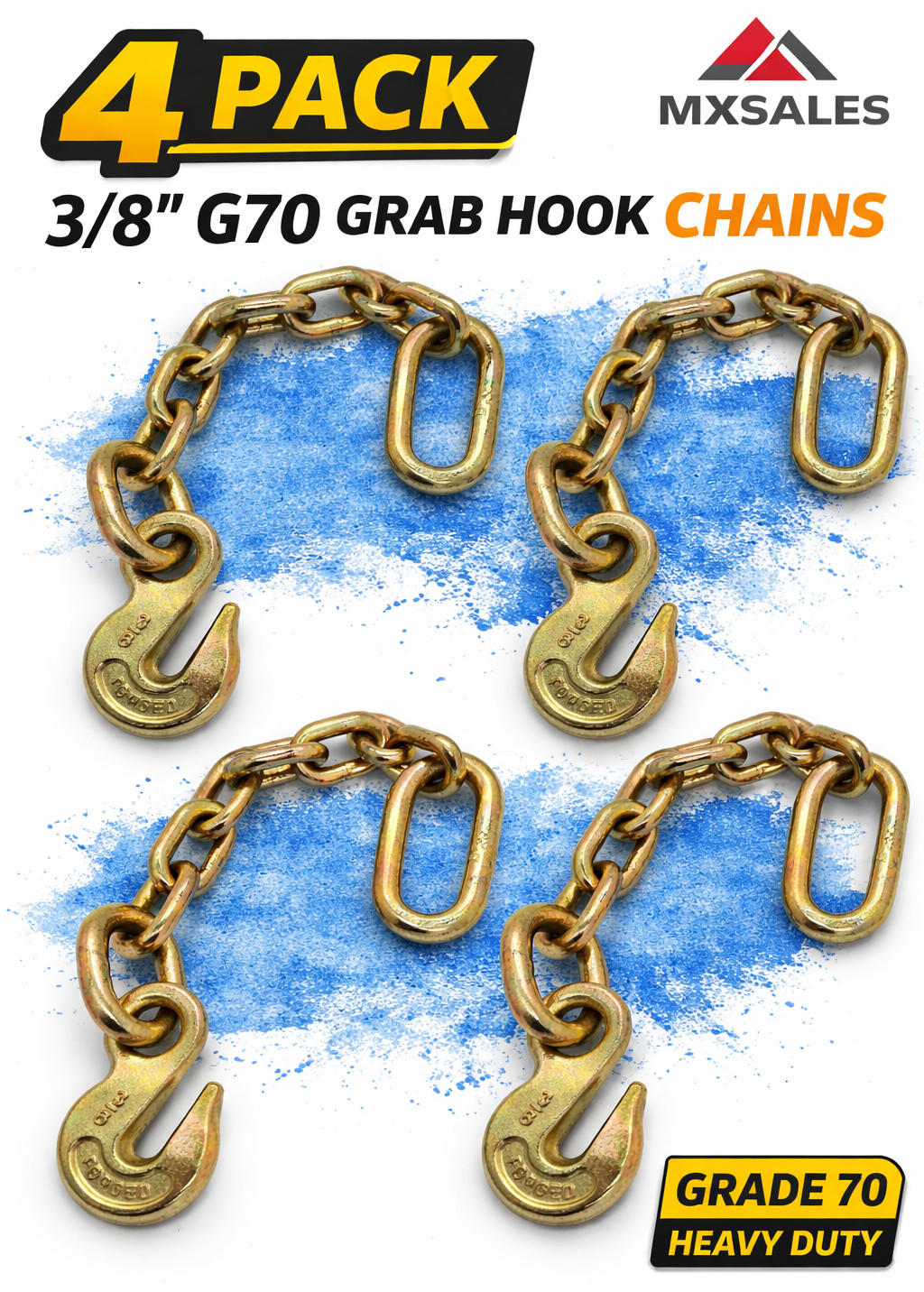 4 Pack 3/8" G70 Grab Hook Chain Transport Tow Binder Clevis Hook 6600 lb HD