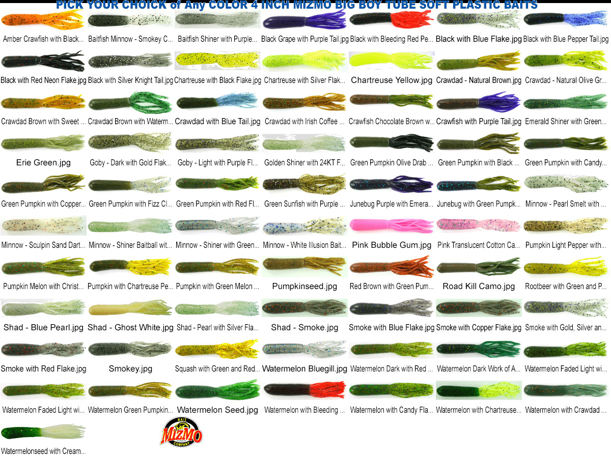 Mizmo Tubes Big Boy 4 Inch Any 72 Colors 10pk Bass Fishing Soft Plastic Lures