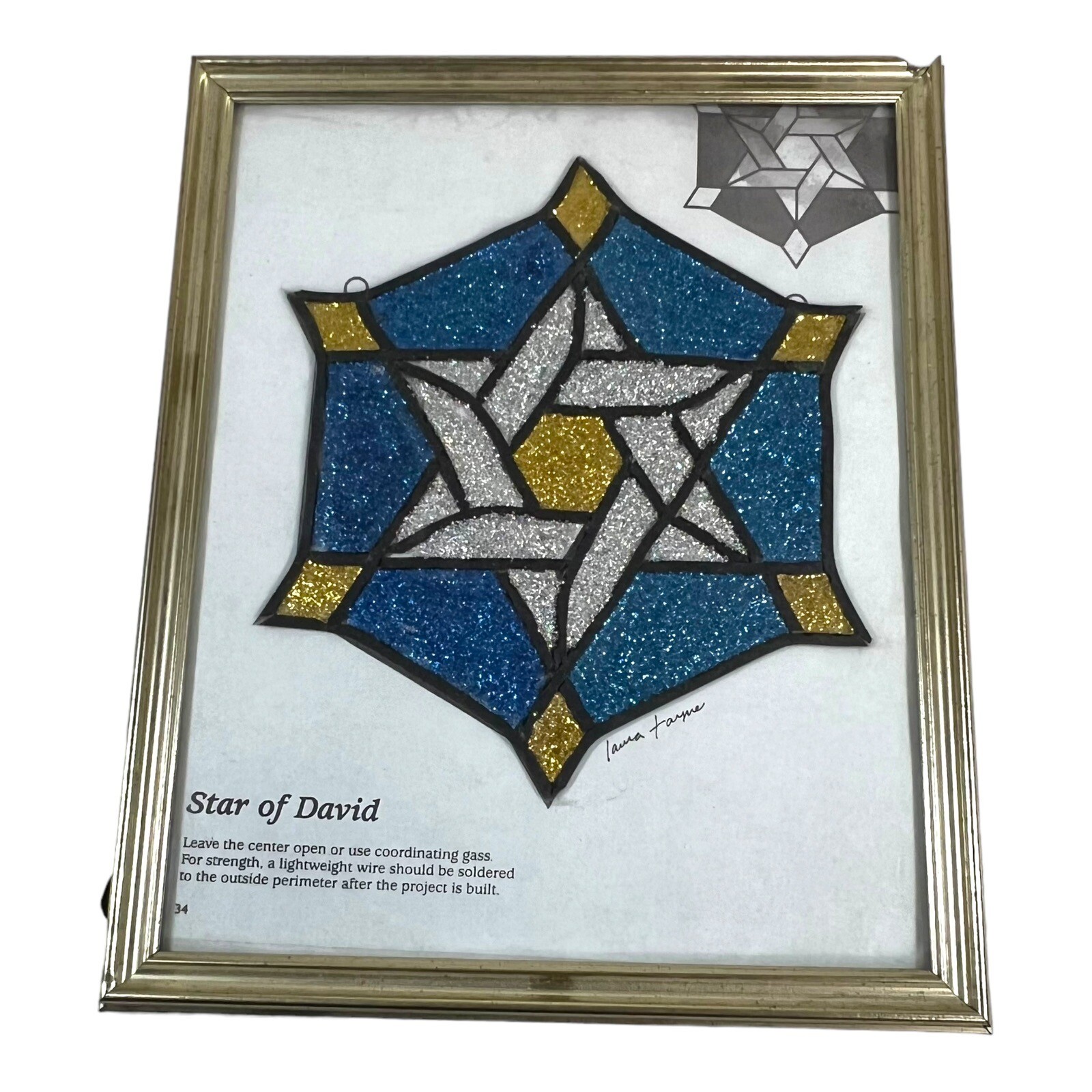 Star David Handmade Stained Glass Sun Catcher Glitter Turquoise Blue Gold Framed