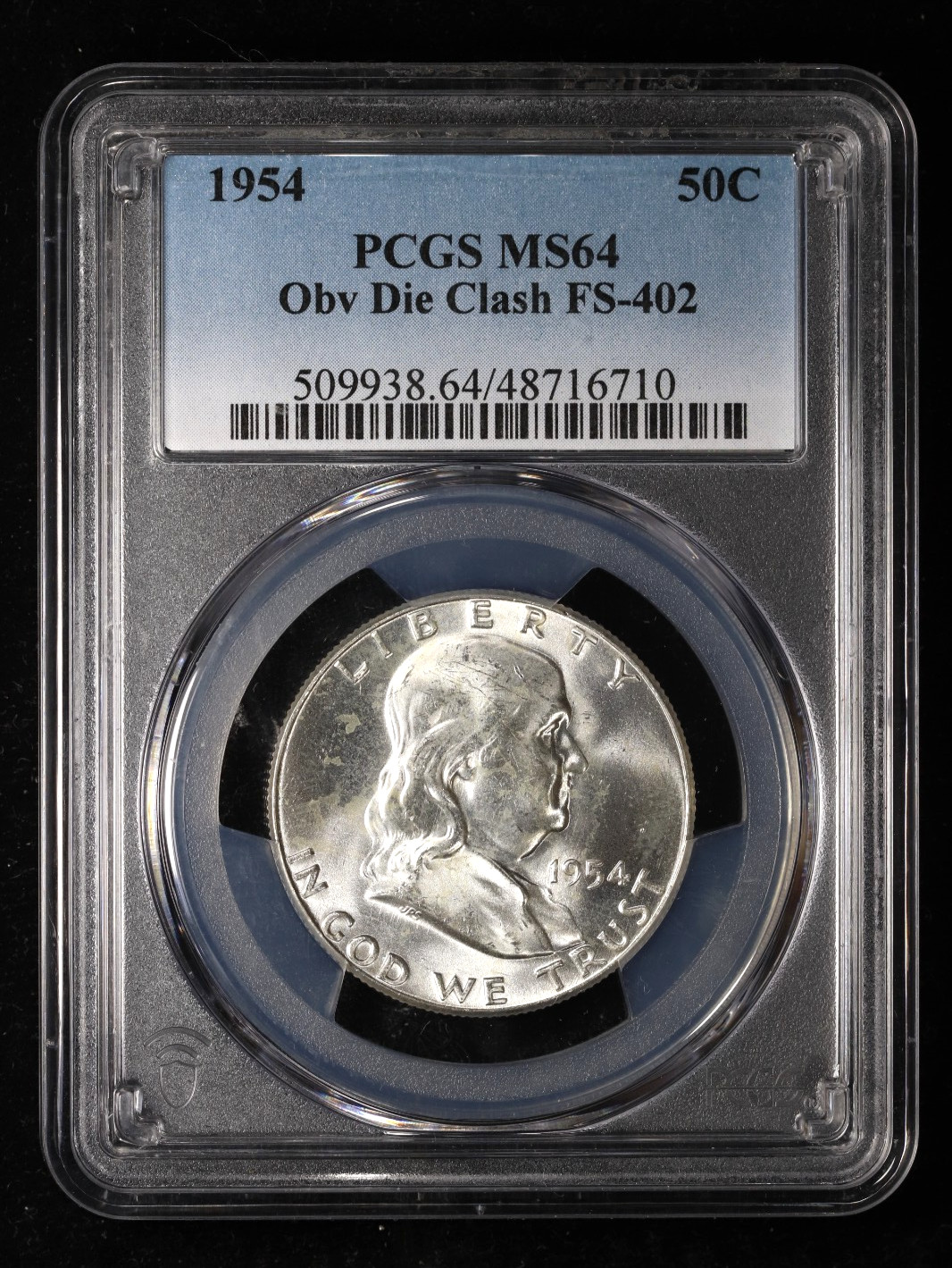 1954 Franklin Half Dollar Obverse Die Clash FS-402 PCGS MS64