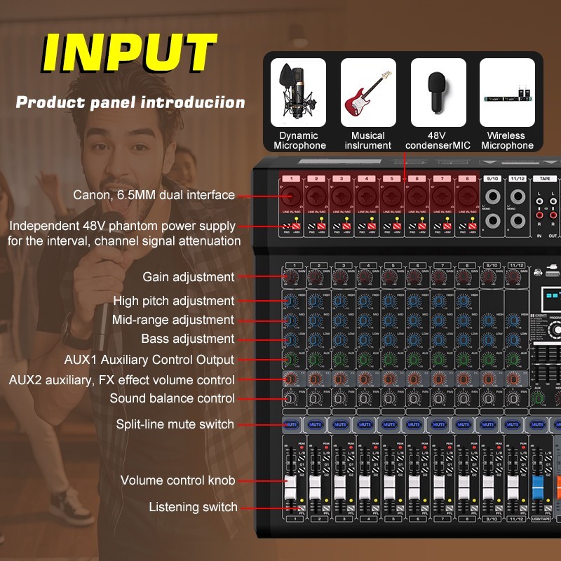 12-channel professional mixer with 99 DSP effects and Bluetooth/USB connectivity