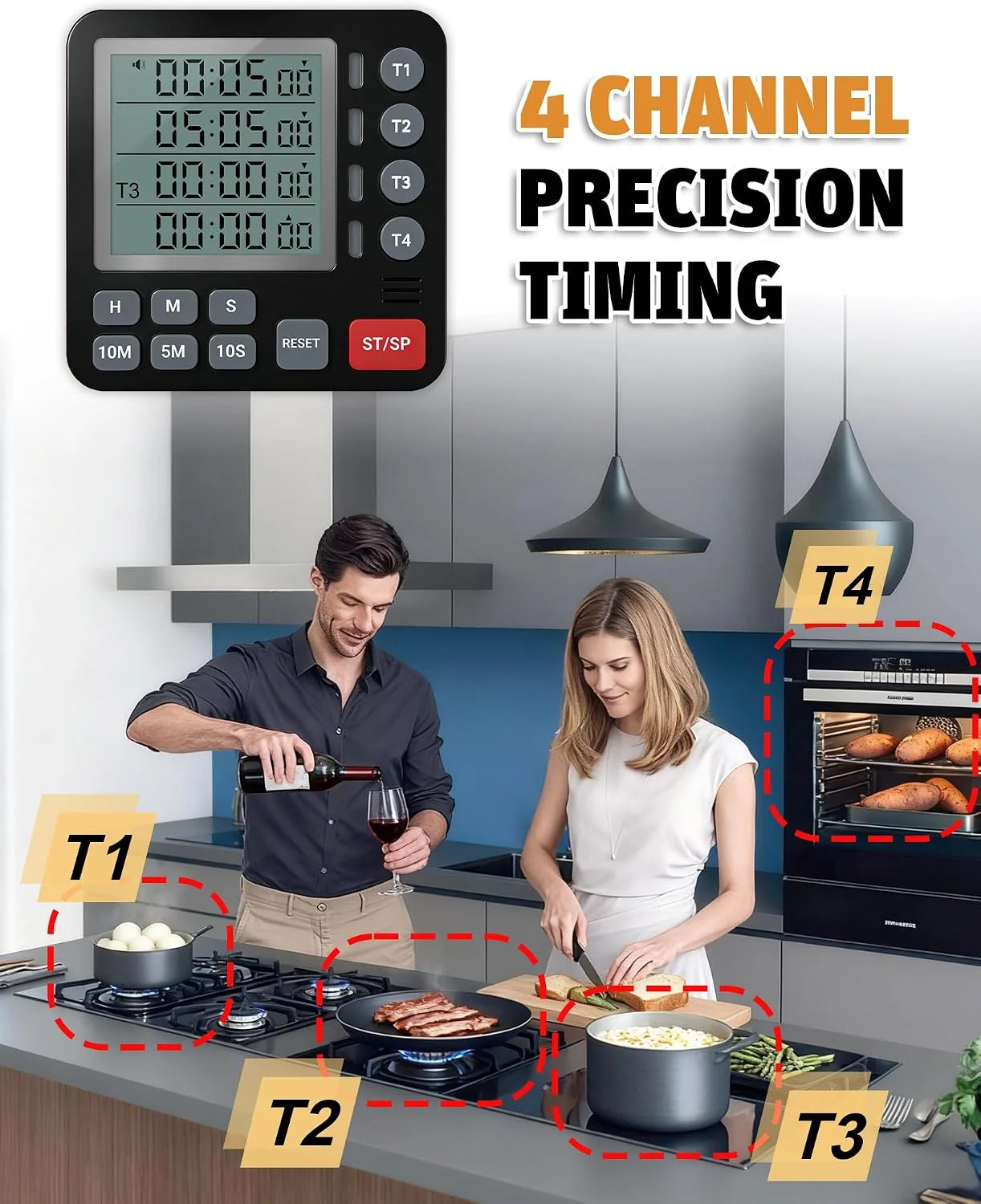 TPNEG Digital Kitchen Timer - 4-Channel Cooking Timer with Alarm, Magnetic Back,