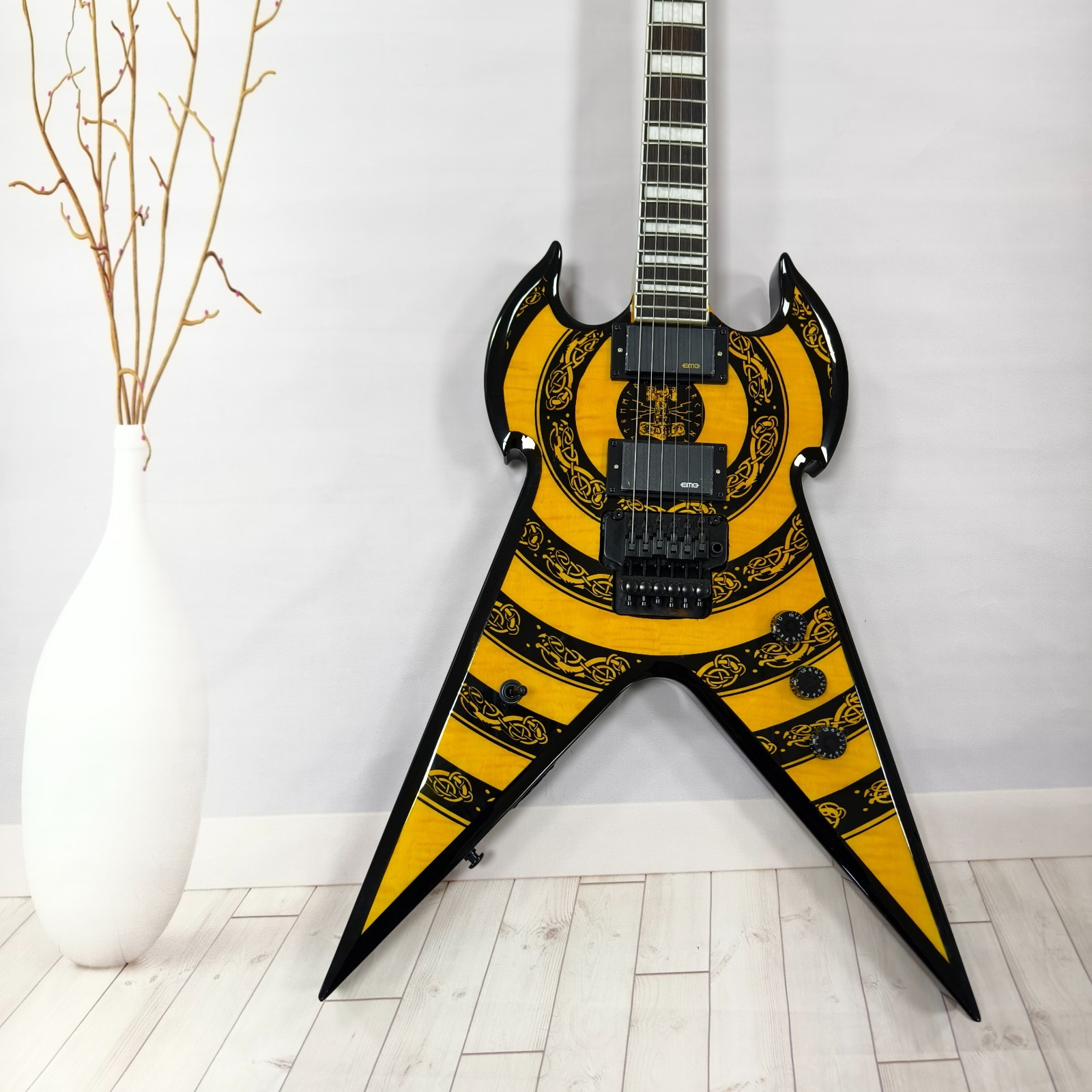 Ship US Odin Warhammer V-Shape Electric Guitar - Black & Gold Norse Totem