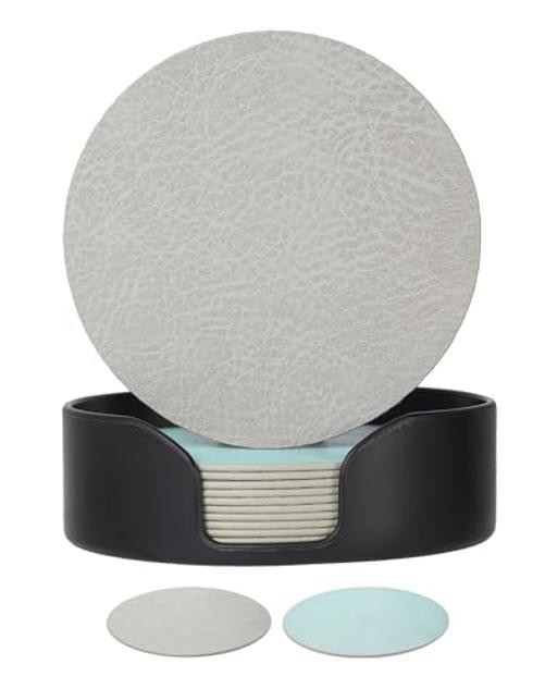 Reversible Leather Coasters with Holder, 4" Round Set of 12 Mist Blue