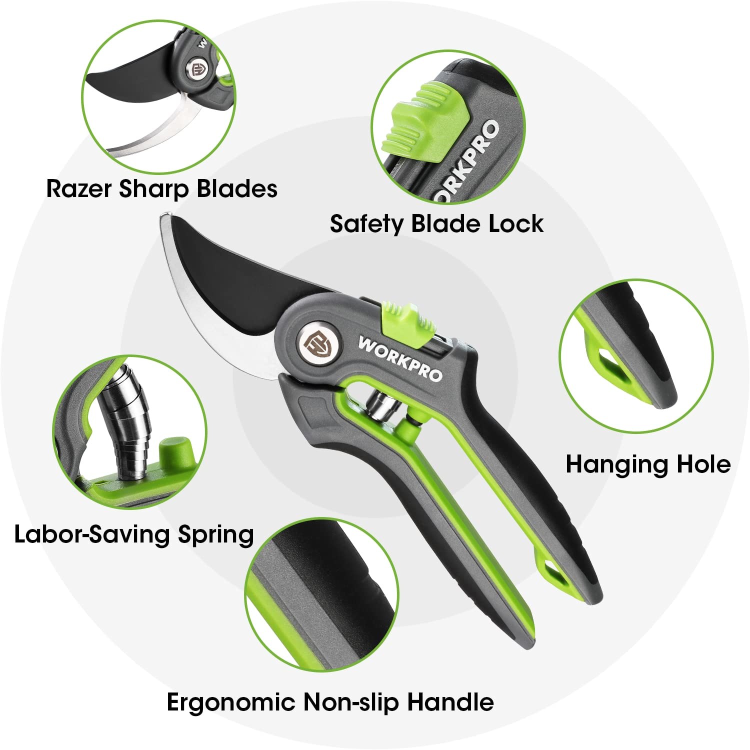 WORKPRO Garden Pruning Shears 2 Pack, 8" Bypass Green, Grey, Black