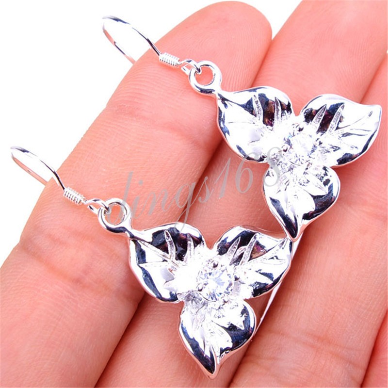 Classic Real 925 Sterling Silver Trifoliate Leaves Crystal Dangle Earrings H889