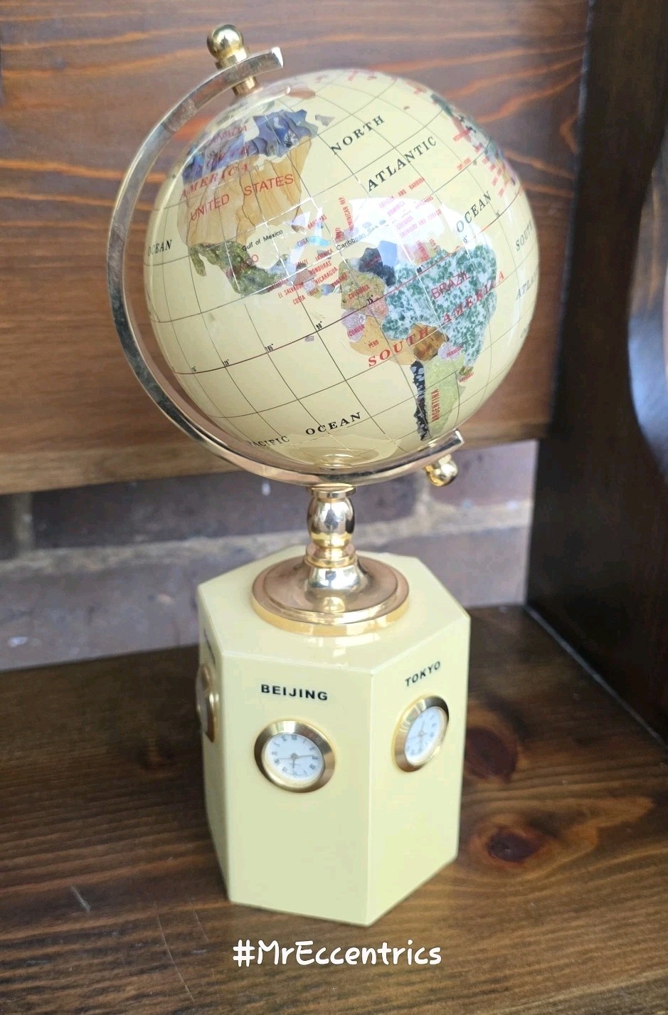Vintage Semi-Precious Gemstone Desk Top Paperweight Globe With 6 World Clocks