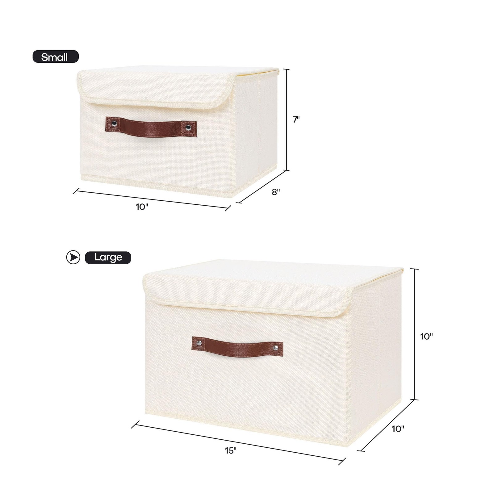 Foldable Storage Bin with Lid, PU Leather Handles, Beige, Large