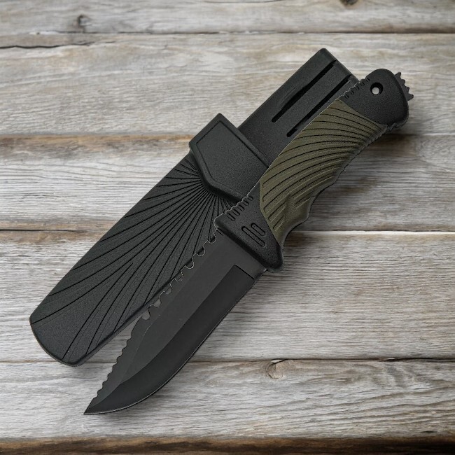Tactical Knife | Black 4.25" Fixed-Blade Glass Breaker Sawback Slim Sheath Green