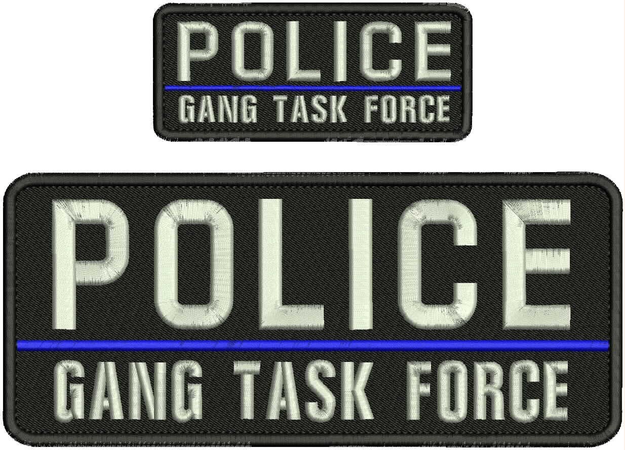 POLICE GANG TASK FORCE EMB PATCHES 4X10 AND 2X5 HOOK ON BACK SILVER ON BLACK