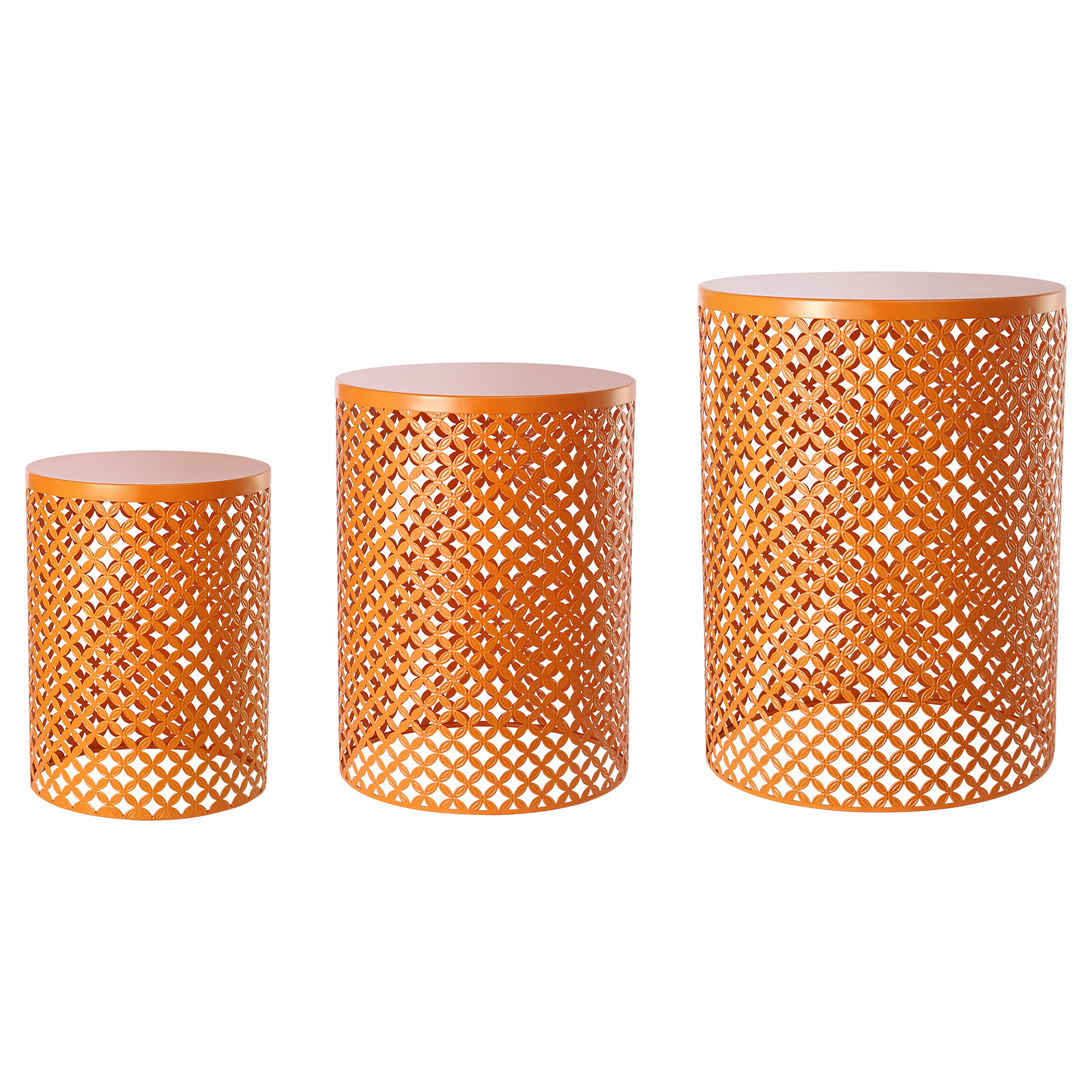 3Pcs Metal Frame Accent End Tables Cylindrical Iron Frame Side Tables Set Orange