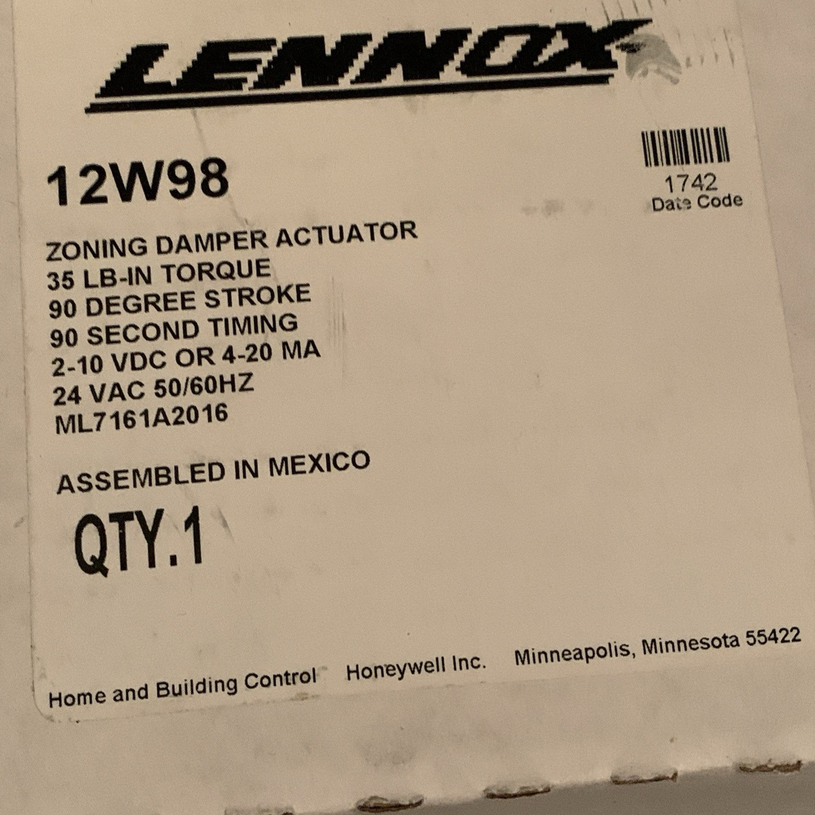 LENNOX 12W98 35 Lb Intorq 90 Degree 90 Sec.2-10vac 4-20MA 24 VAC NOS NIB