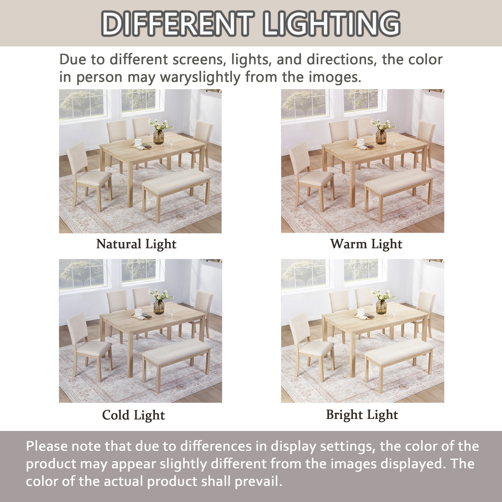 6Pcs Dining Table Set with Bench, Wooden Rectangular Kitchen Table Set, Modern
