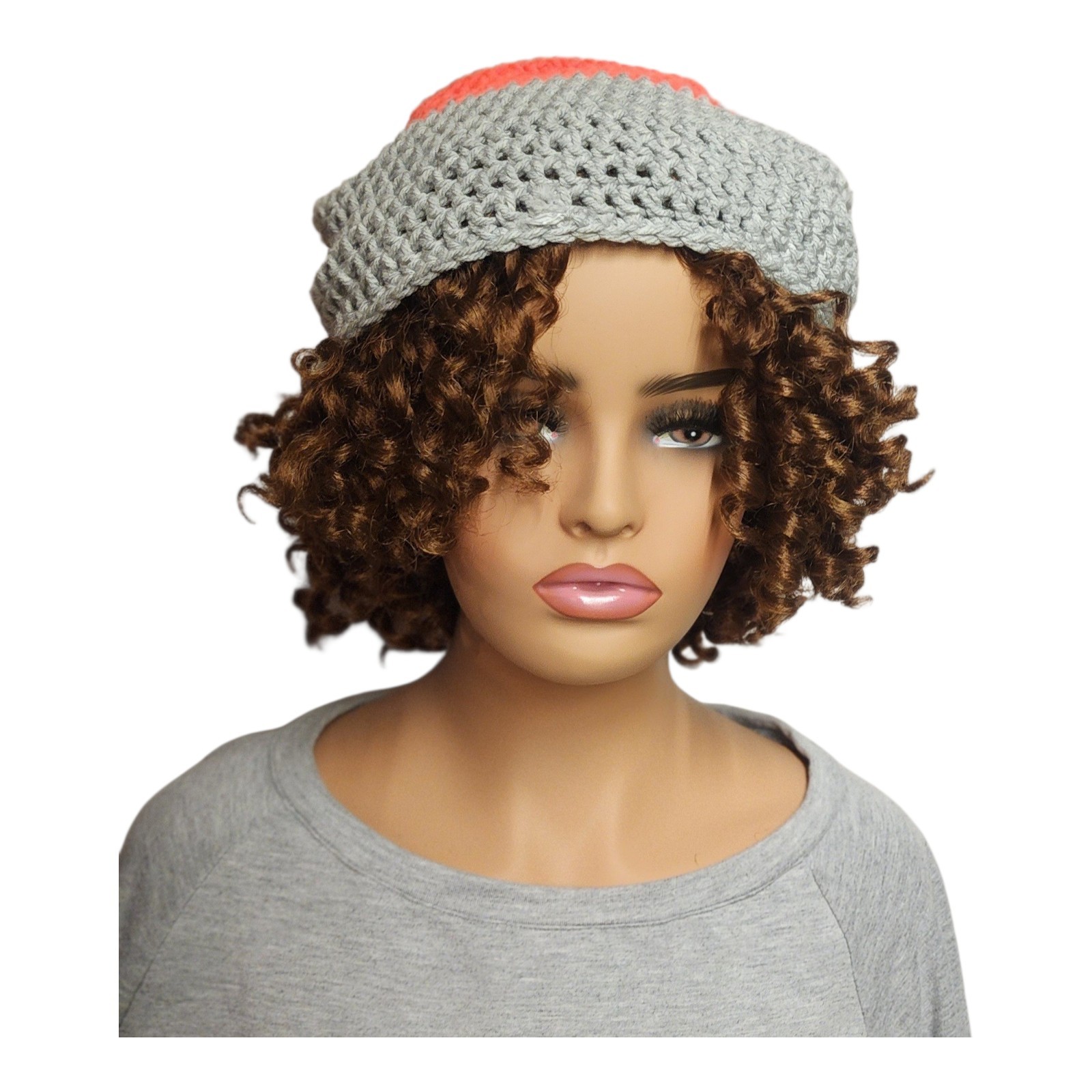 Crochet Large Beanie Hat Handmade New Acrylic Yarn  Made In USA Orange And Gray