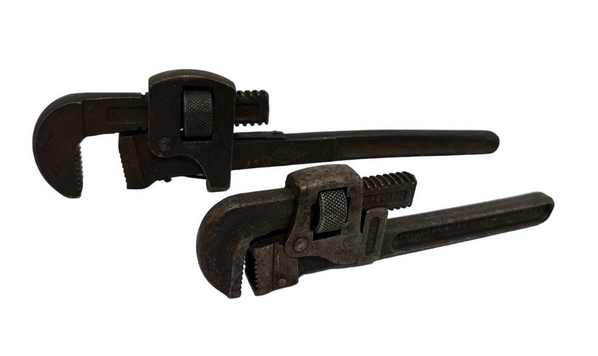 Stillson & Trimo Pipe Wrench Monkey Pair Steam Antique Metal Tools Decor Home
