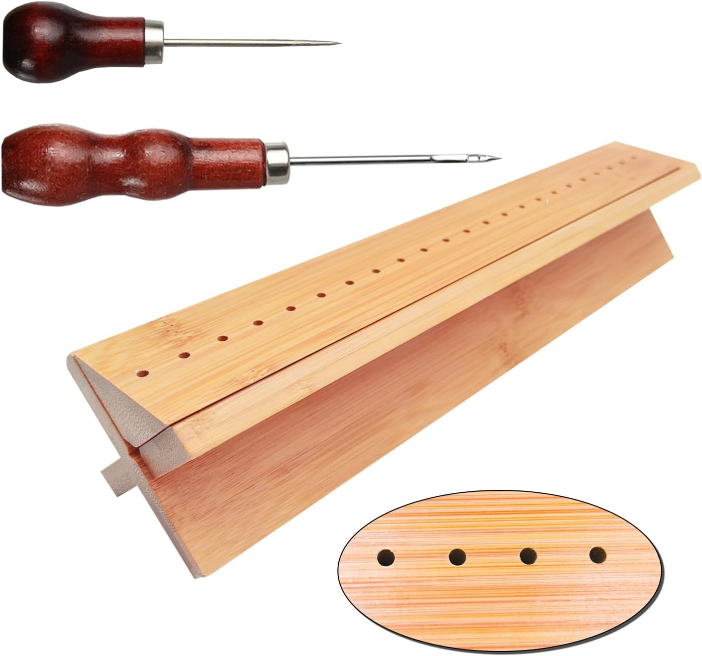 Bamboo Book Binding Cradle with 2 Awls Wood Bookbinding Punching Cradle with Pie