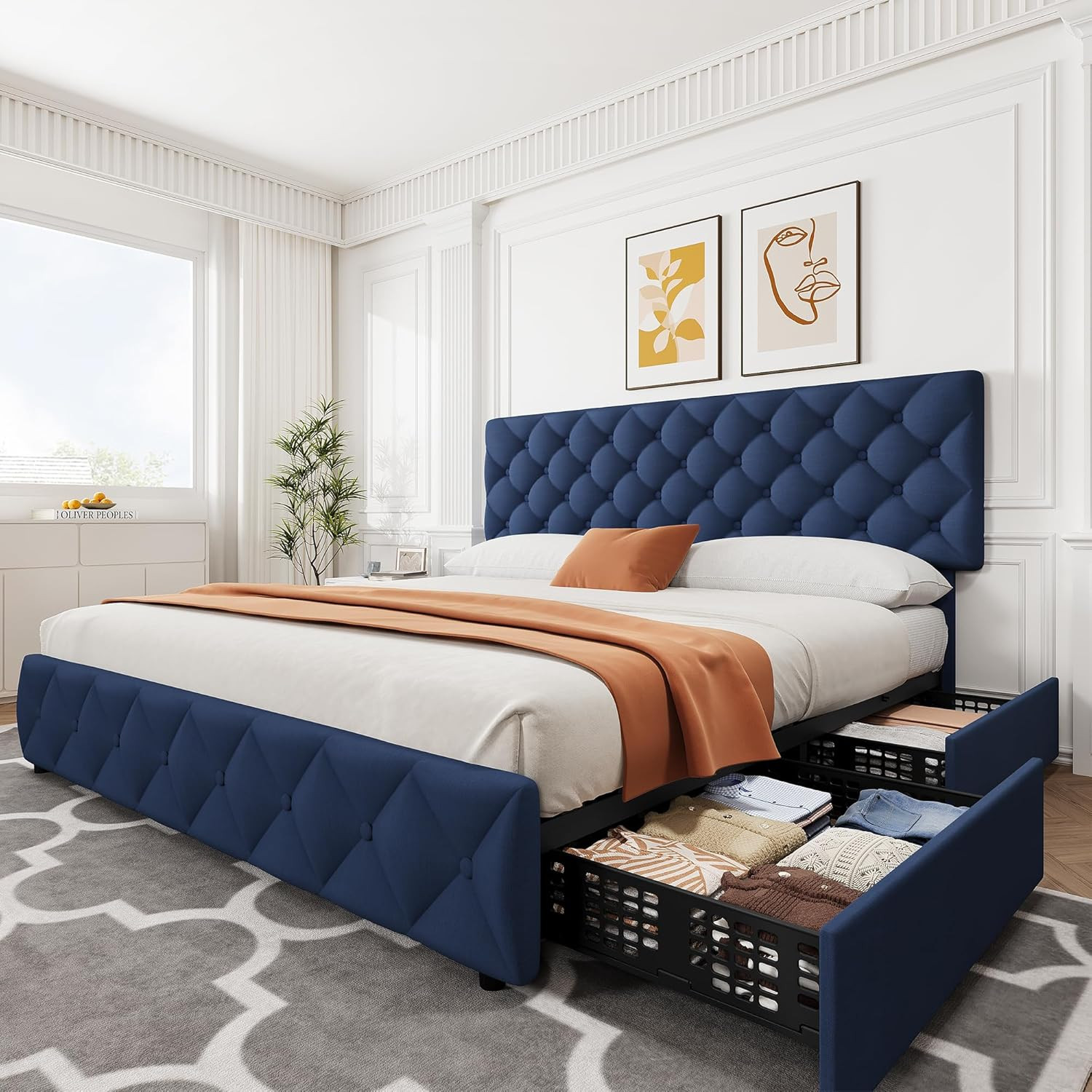 Stylish King Size Bed Frame with Storage Drawers & Adjustable Headboard - Blue