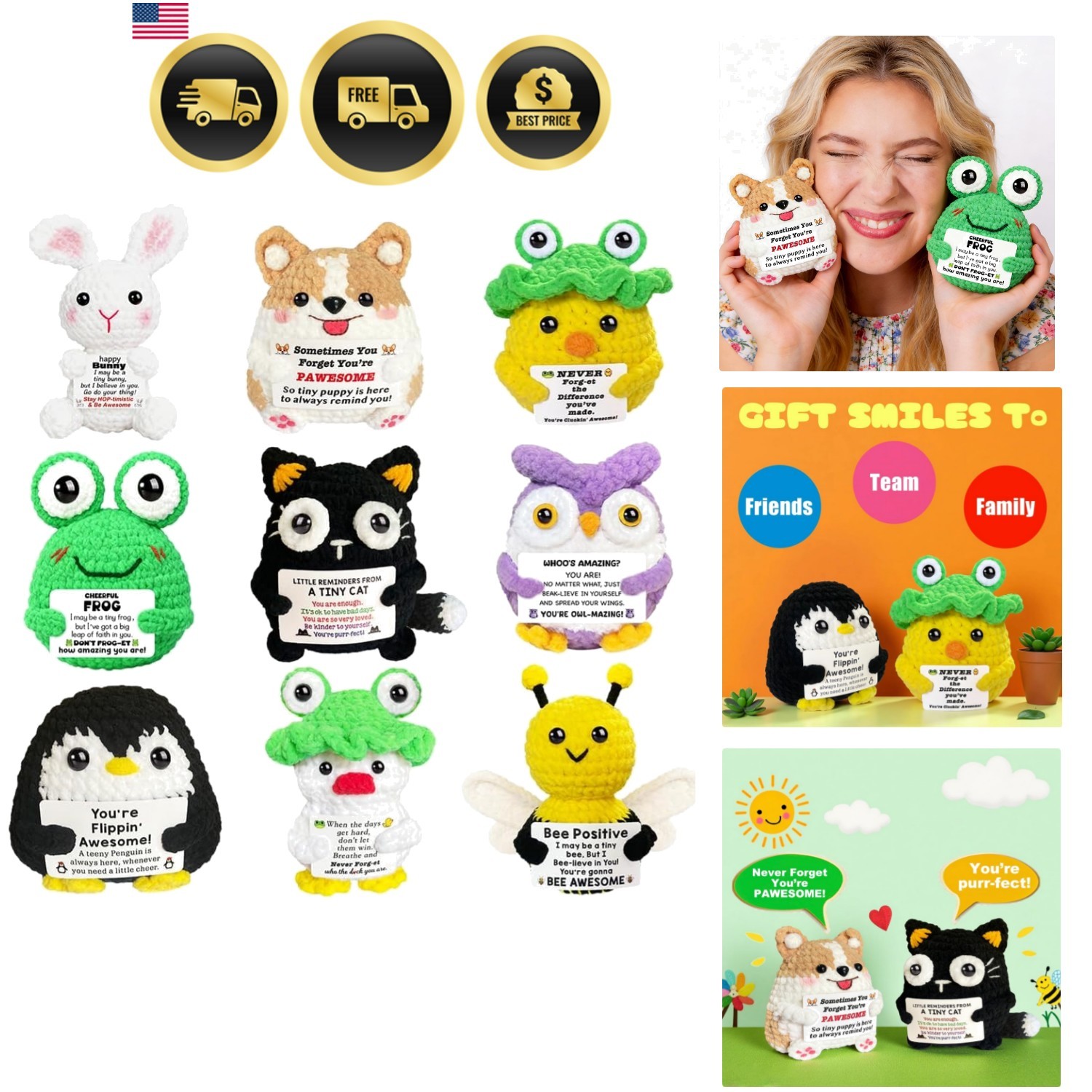 9pcs Positive Crochet Animals with Support Messages Inspirational Affirmation...