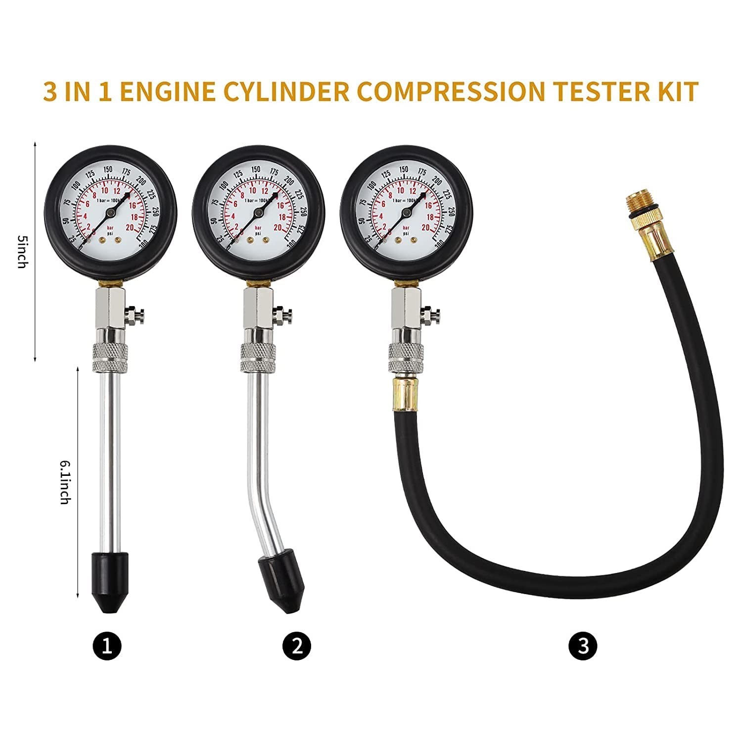 8PCS Compression Tester, Engine Compression Tester kit Professional Petrol Ga...