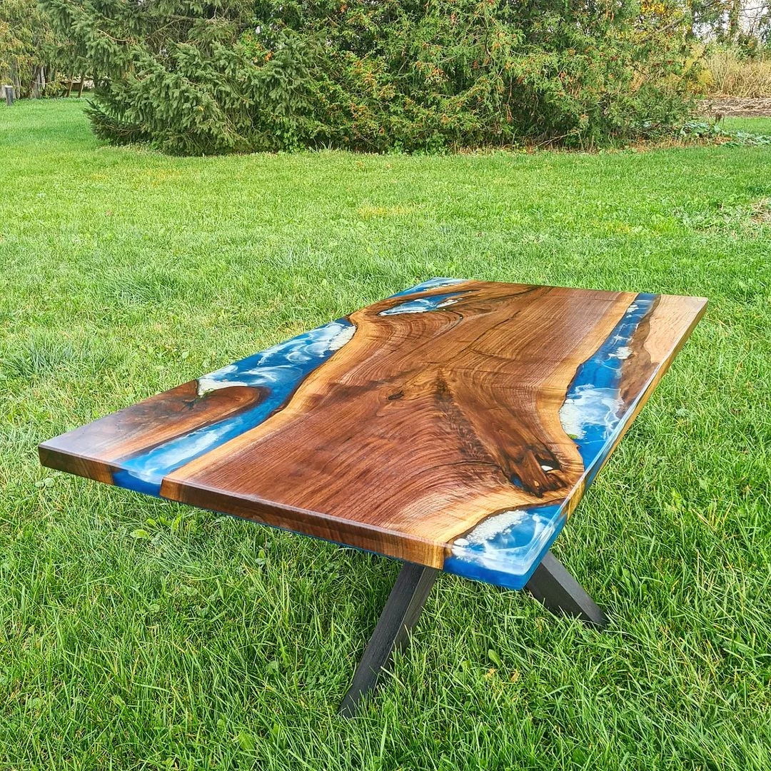 Blue Epoxy River Table – Handmade Live Edge Resin Dining or Office Table