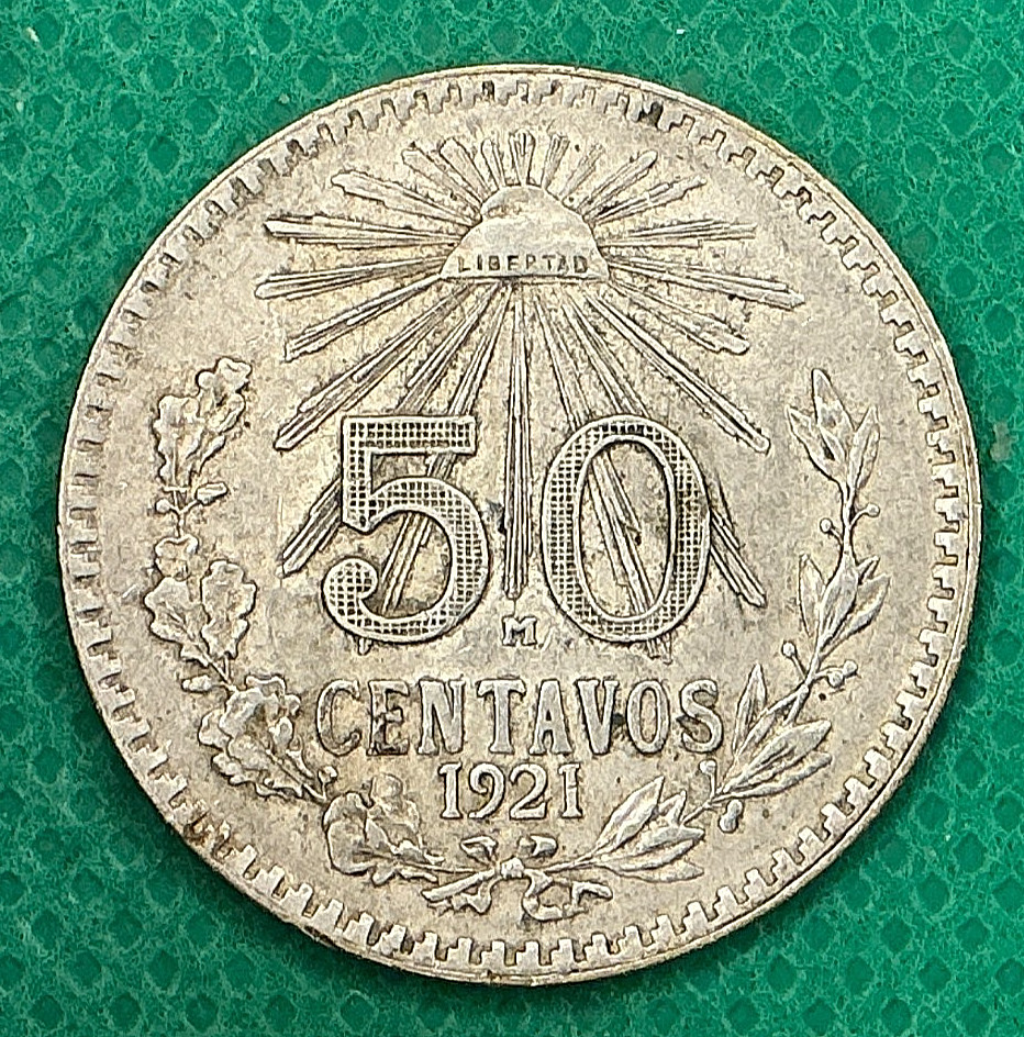 1921 Mo Mexico Silver 50 Centavos Cap and Rays KM# 447