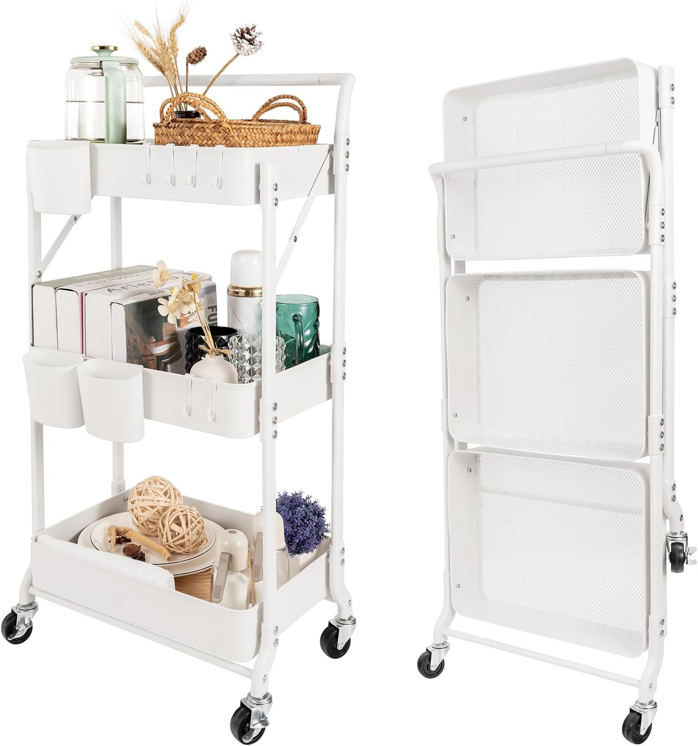 3-Tier Folding Rolling Utility Cart with Wheels, Foldable Storage Cart Organizer