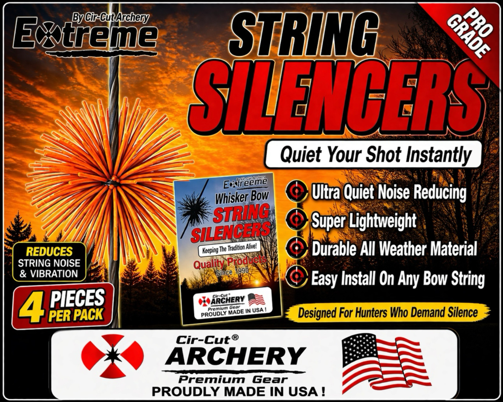 FL ORANGE Bow String CAT Whisker Silencers Archery 2 PAIR Recurve Compund USA