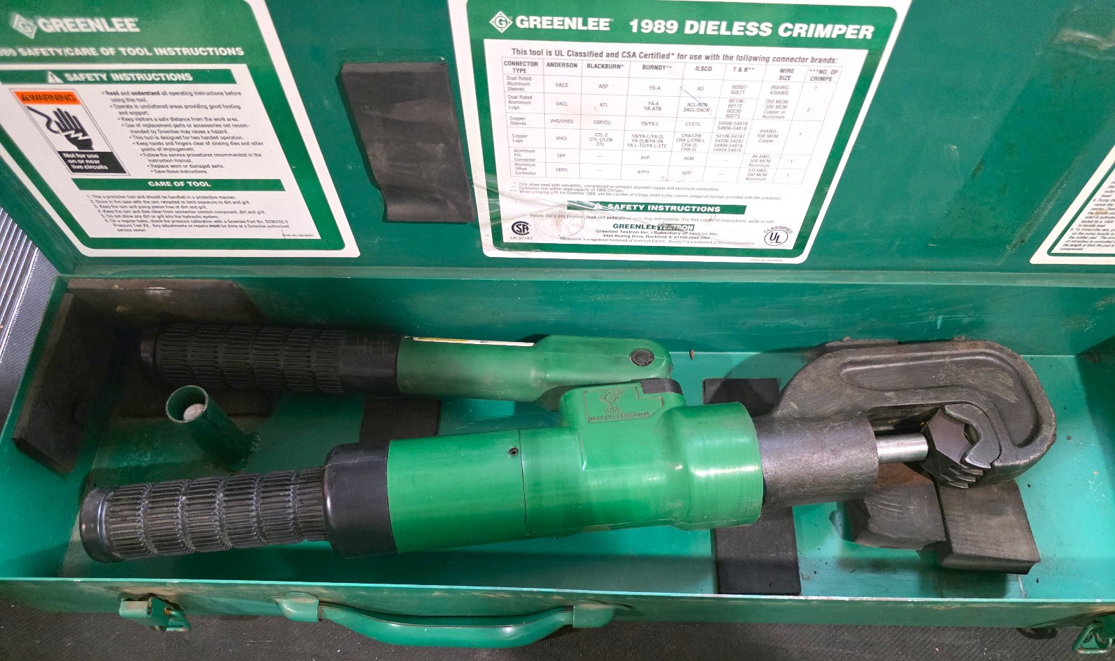 Greenlee  1989  Dieless Hydraulic Crimping Tool With Case  USA