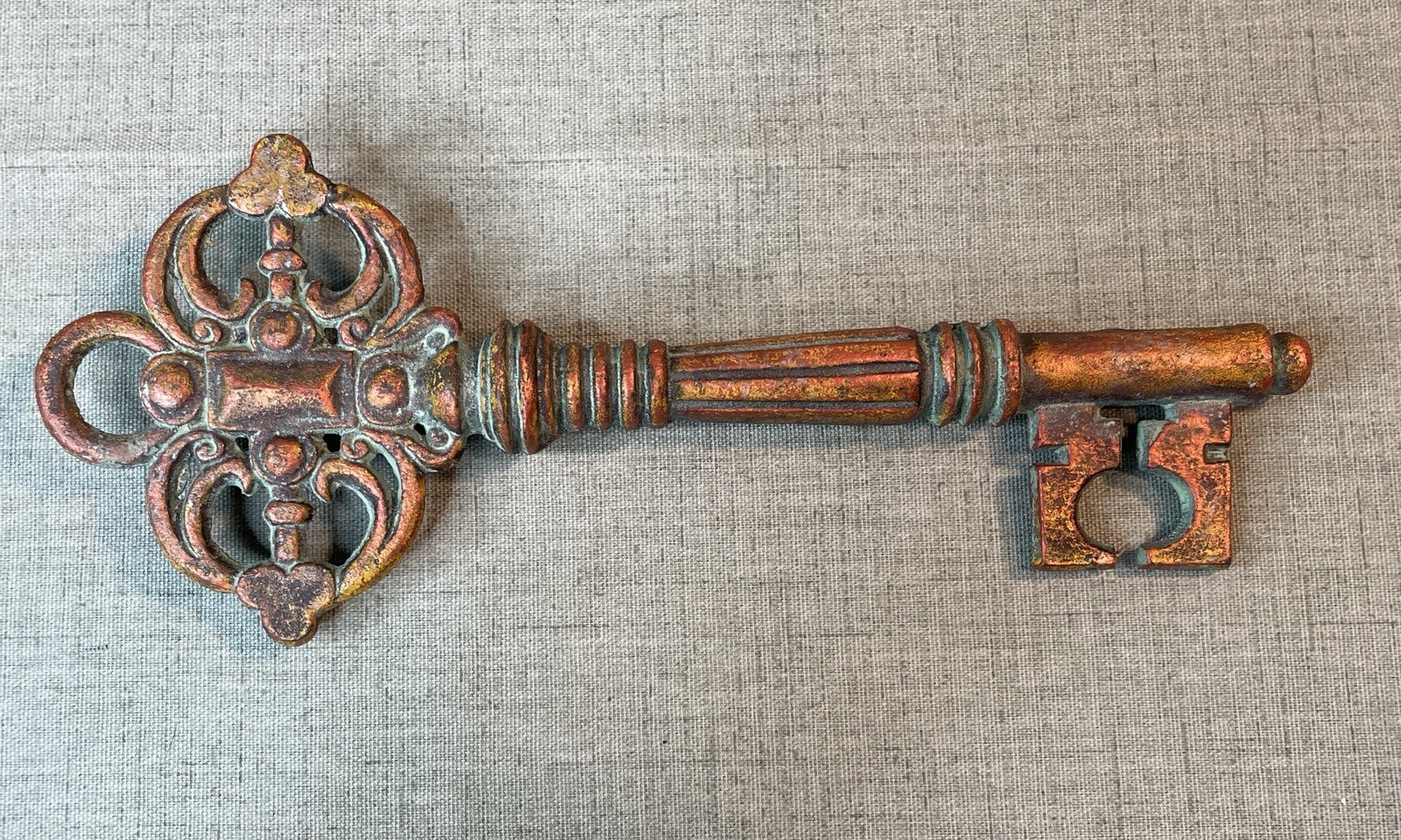 Large Heavy Decorative Skeleton Key Distressed Copper Color Turquoise 12 inch