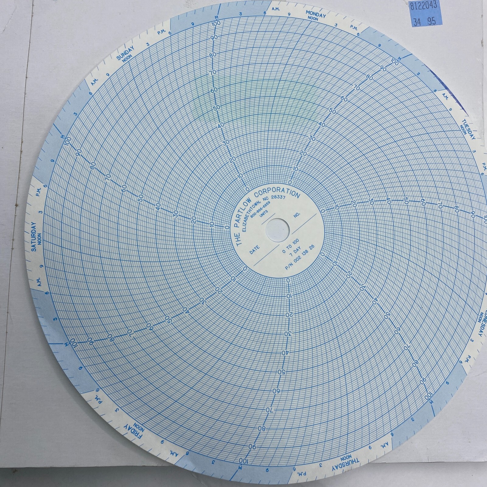 PARTLOW CORPORATION CHART RECORDER PAPER 0 TO 100, 7 DAY, 00213826, BOX OF 100🔔