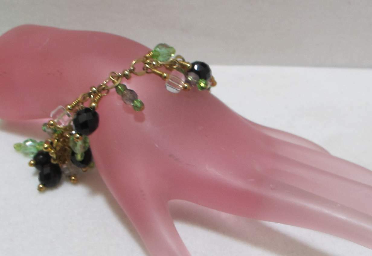 Artisan 9” Gold Tone Charm Bracelet Lt Green, Black, Clear Dangling Crystals