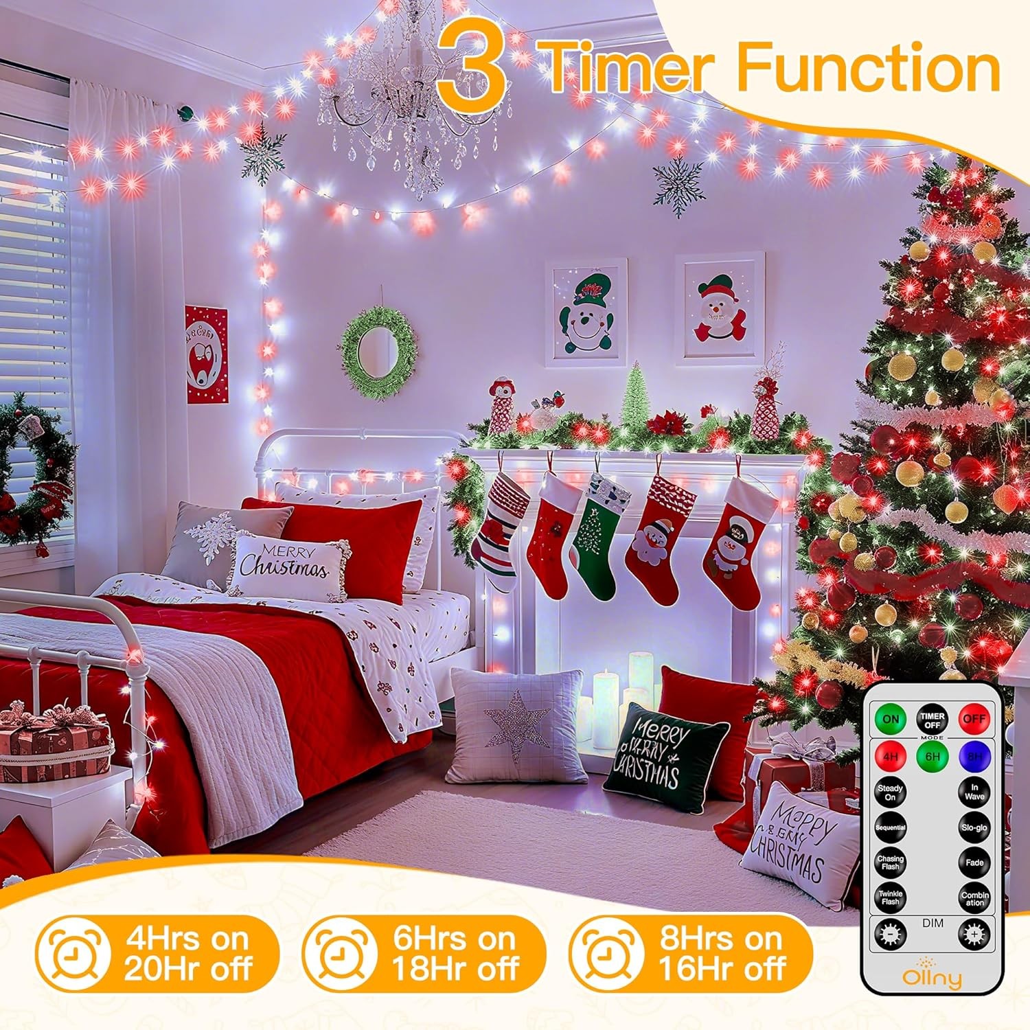 Red & White Lights Waterproof 400LED 131FT String Lights W/ Remote 3 Timer