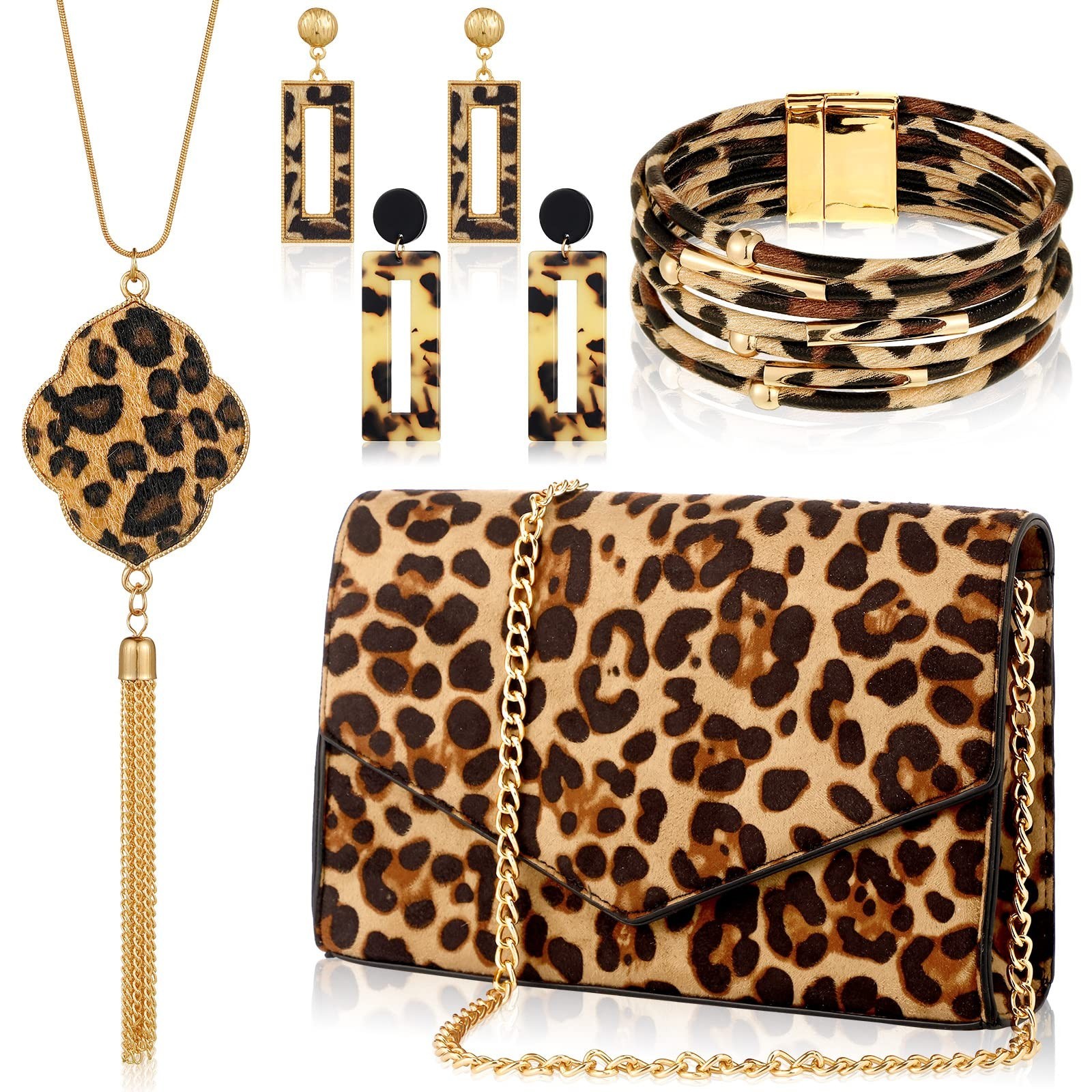 Sotiff 5 Pcs Leopard Accessories for Women Purse Jewelry Set Necklaces Clutch...