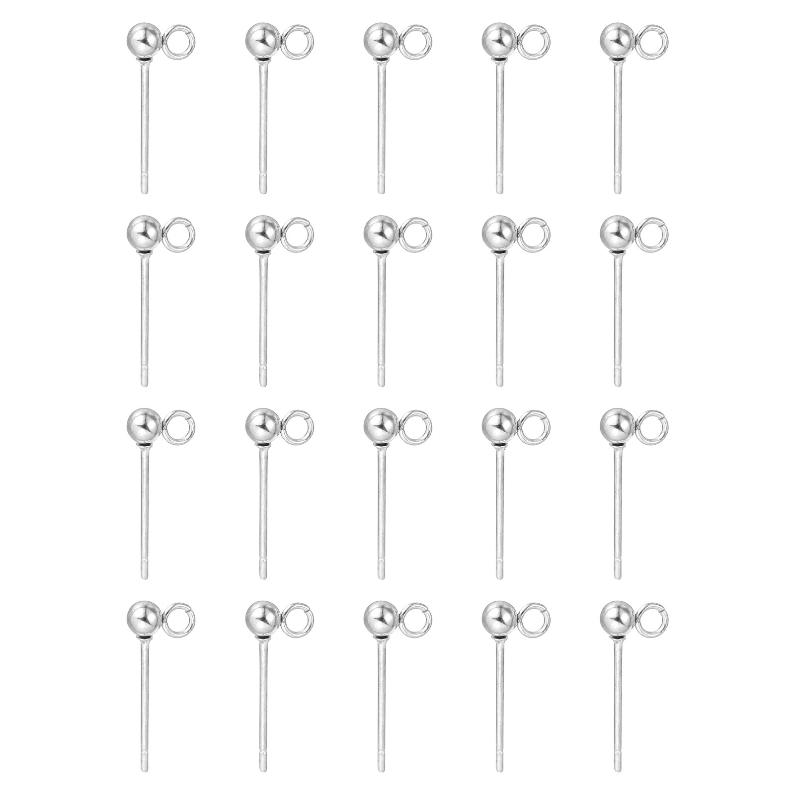 20Pcs Ball Post Stud Earrings, 15x3mm Round Ear Pin with Vertical Loop, Silver