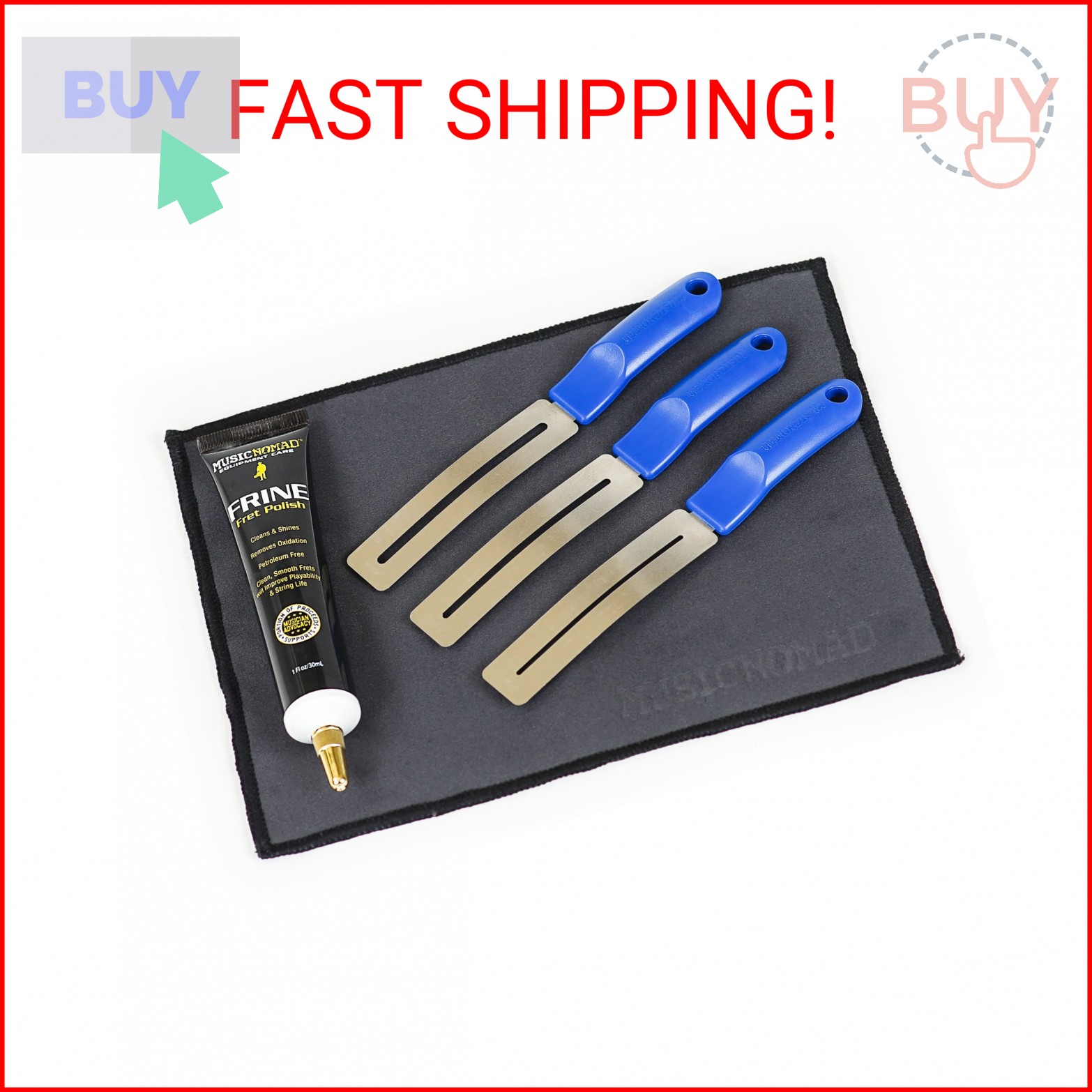 MusicNomad 5 pc. FRINE Fret Polishing Kit with Fretboard Guards, Polish, Cloth (
