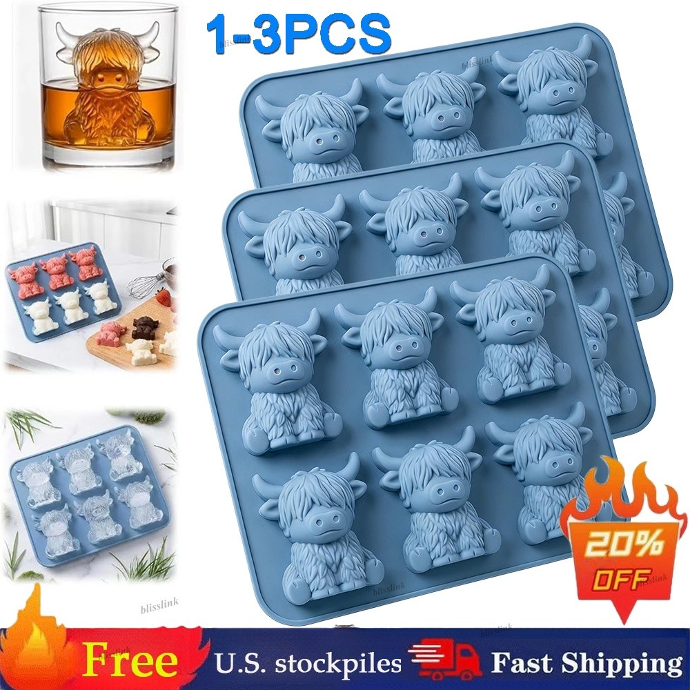 3D Highland Cow Ice Cube Tray, Large Silicone Fun Shapes Ice Cube Mold for Whisk