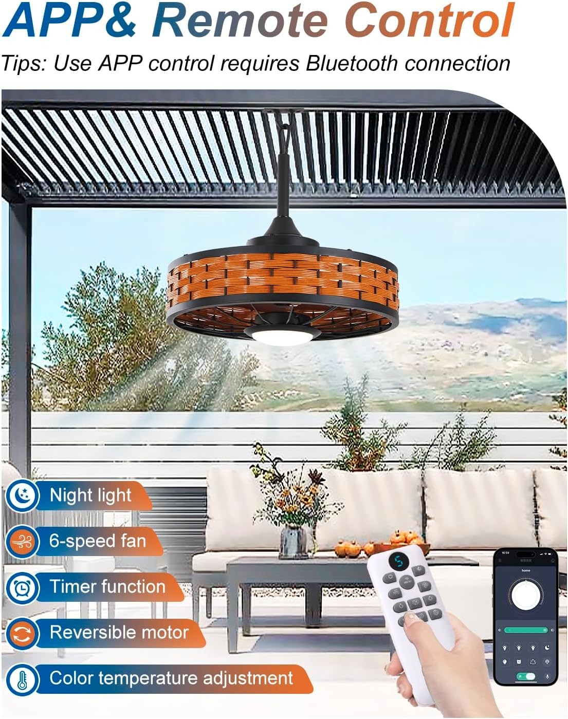 Bladeless Ceiling Fan with Light Remote,LED Ceiling Fans with App Control Patio