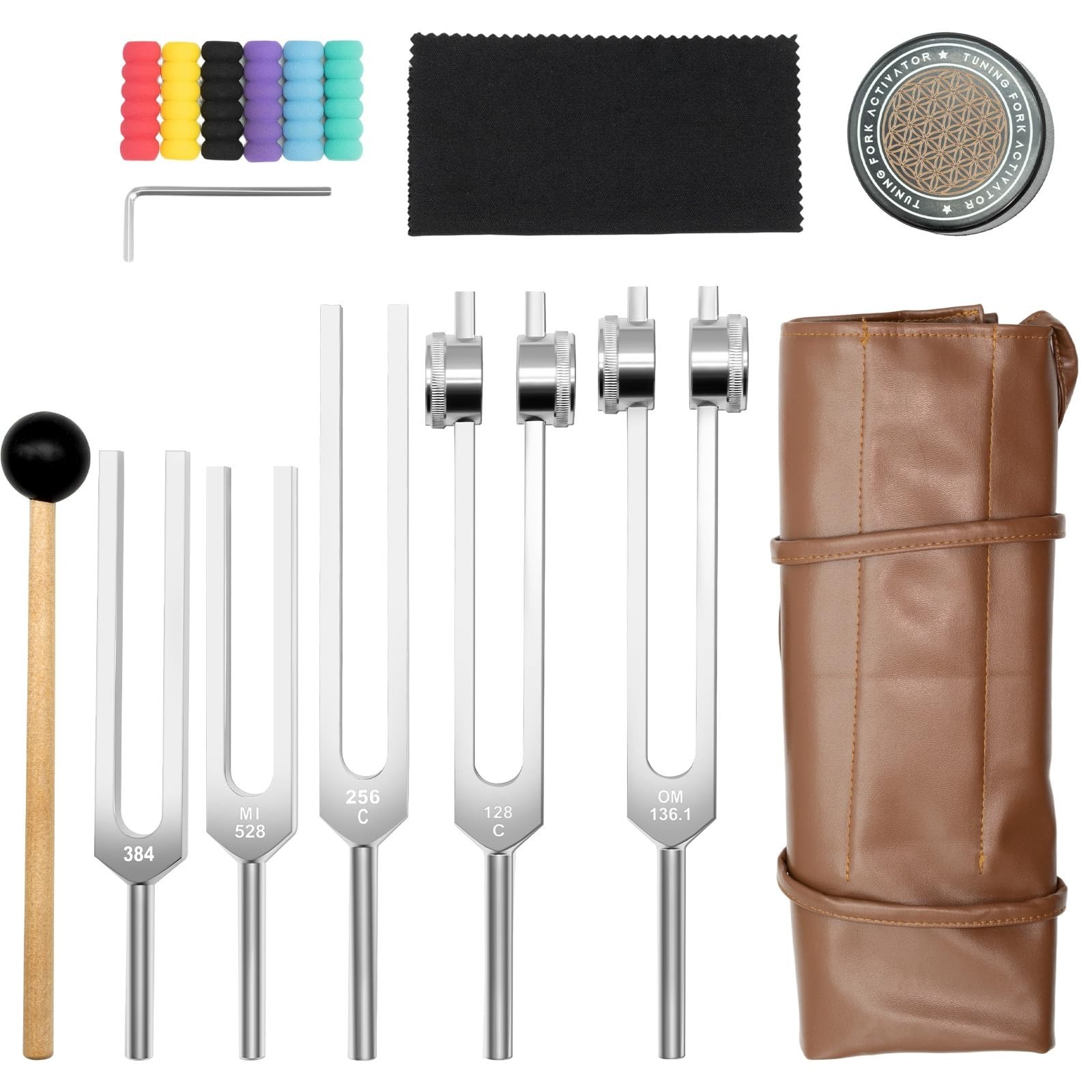 Tuning Forks for Healing Set - 128Hz, 136.1Hz, 256Hz, 384Hz, 528Hz Weighted &...