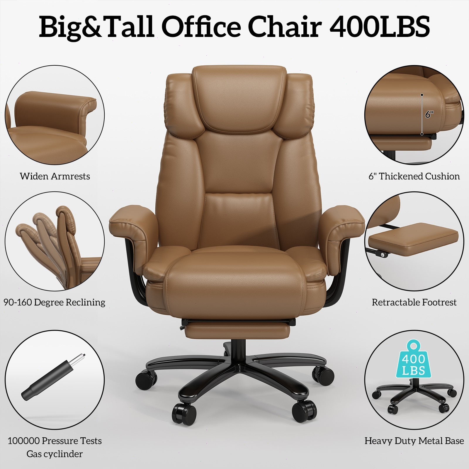 Big and Tall Office Chair Reclin with Footrest High Back Desk Chair 400LBS Brown