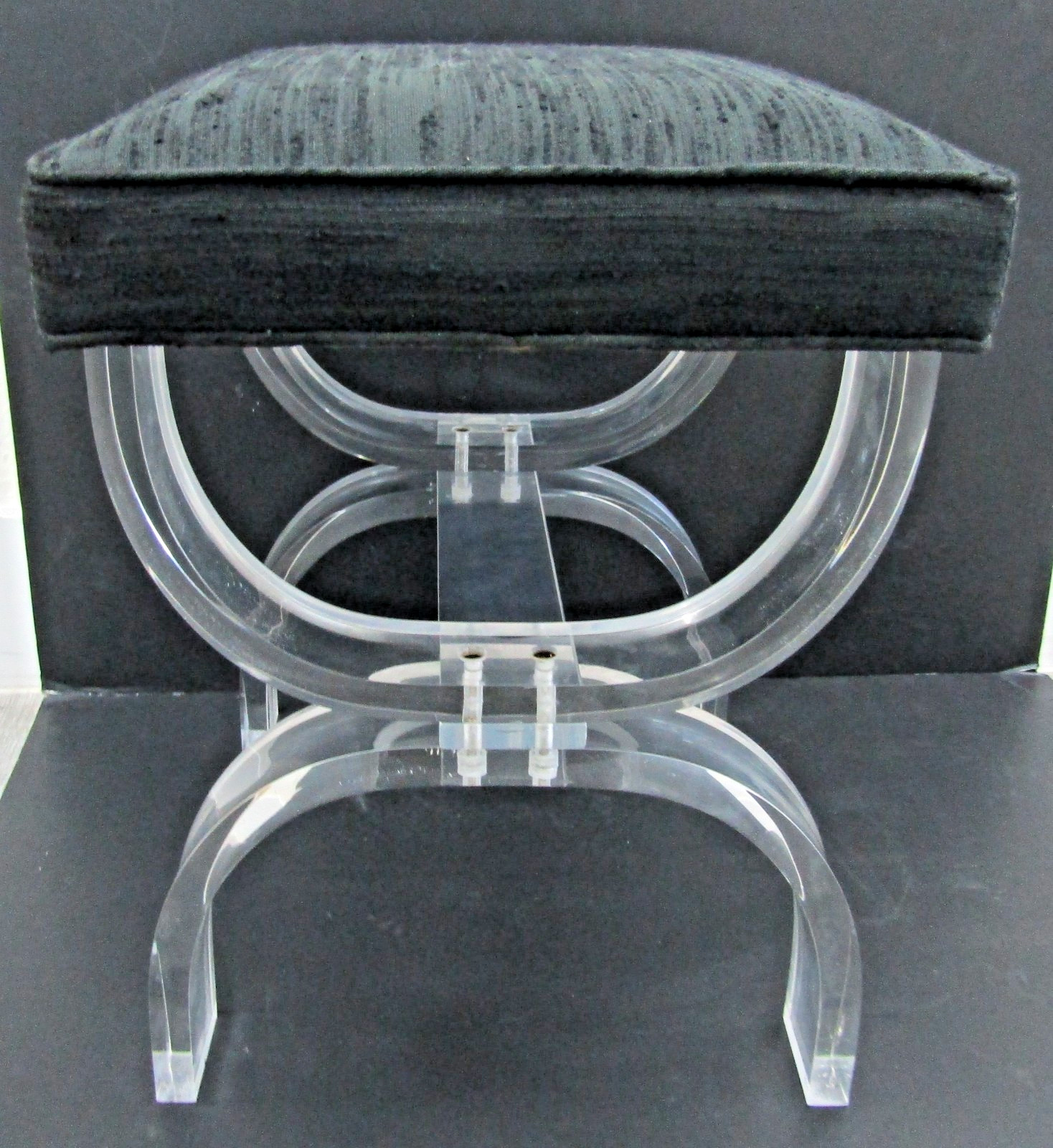 Vintage Lucite and Black Upholstery Thick Curved Legs X-Style Vanity Stool