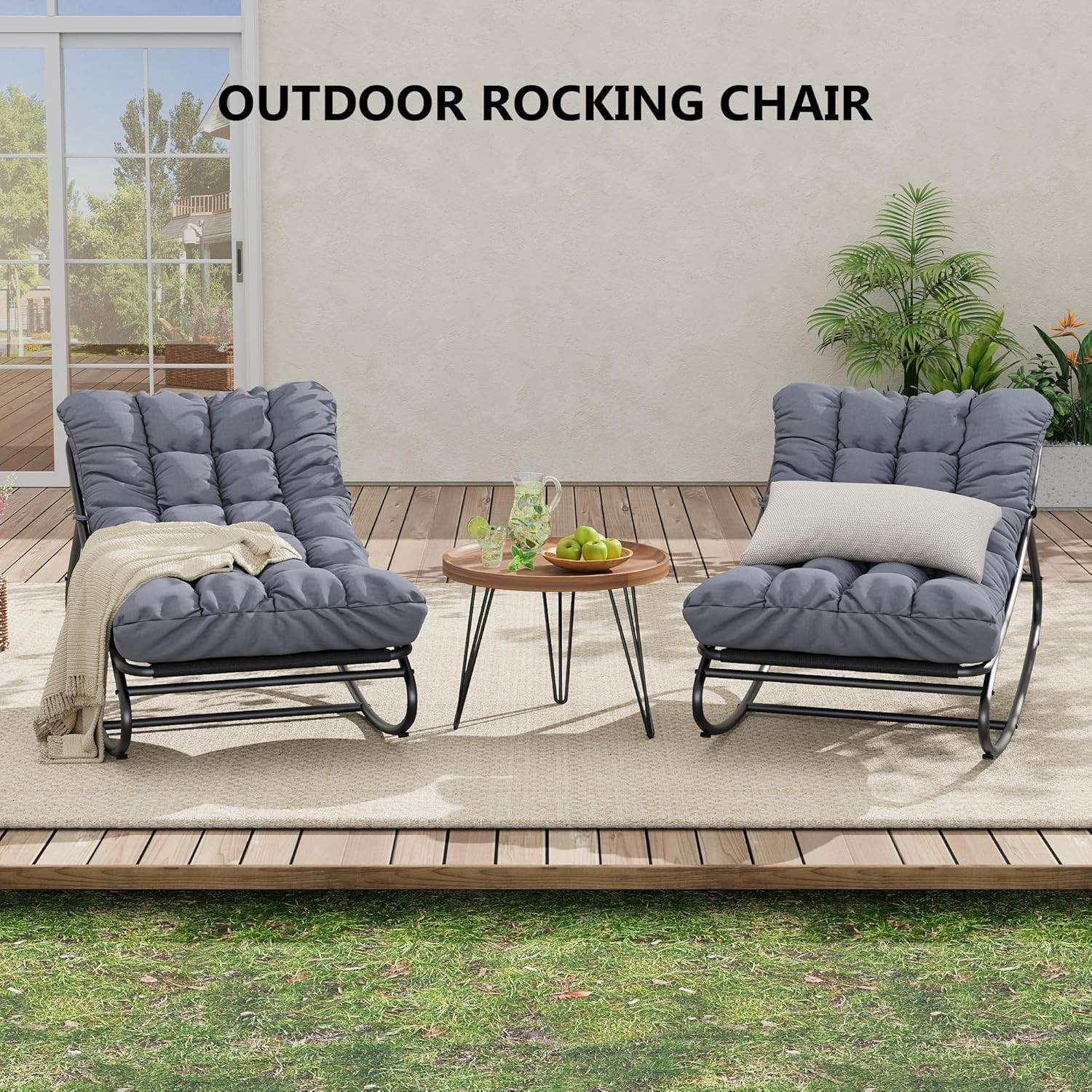 Papasan Rocking Chair, Indoor Outdoor Metal Patio Rocker with Comfy Cushion, 300