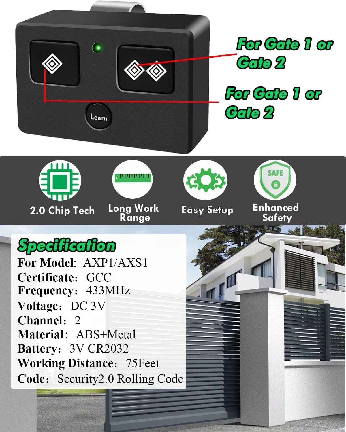For Ghost Control, AXP1 AXS1 Ghost Gate Opener Remote Transmitter, 5-Button, 3-B