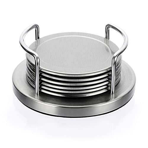 JUXYES Set of 6 Stainless Steel Round Coasters with Holder & Sponge Silver