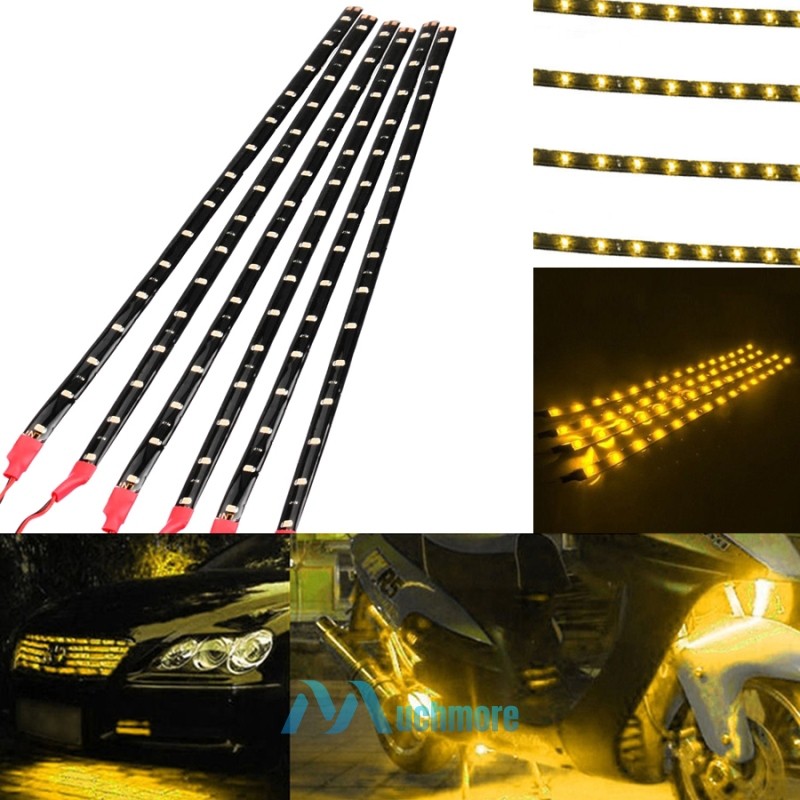 6X 12V 12" 15SMD Flexible Waterproof LED Strip Yellow Light For Car Truck Boat