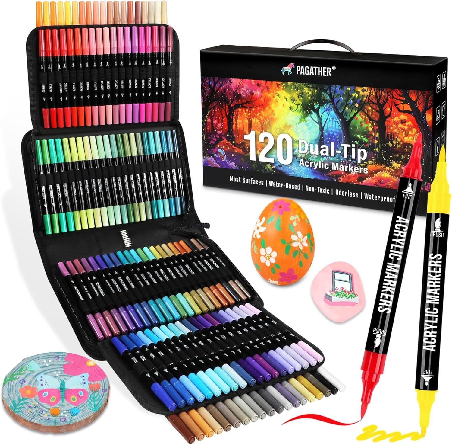 120 Colors Acrylic Paint Markers, Dual Tip Fine and Brush Tips Pens Contain